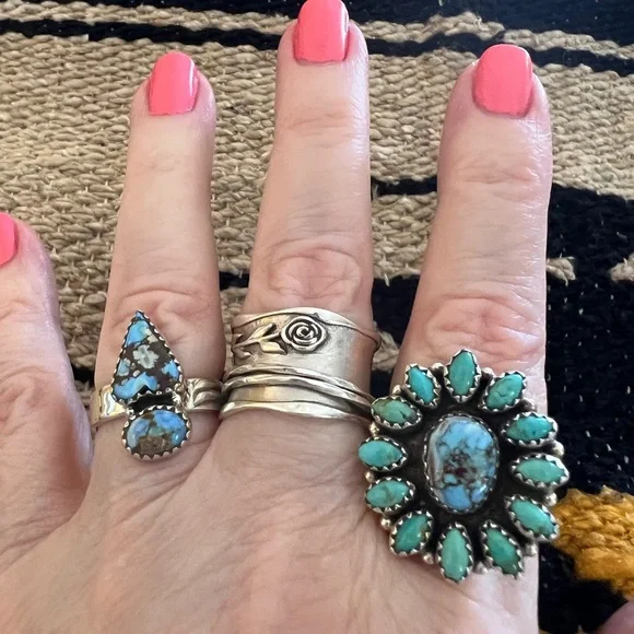 ❤️ Golden Hills Turquoise 925 Southwestern Navajo 2 Stone Adj Ring 6.2gm Unisex - Picture 5 of 16